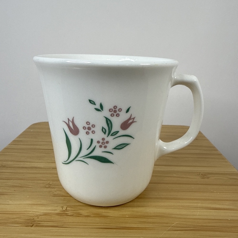 Corning Ware Corelle Coffee Cup Mug Rosemarie Pink Tulip Mauve Flower Green Leaf